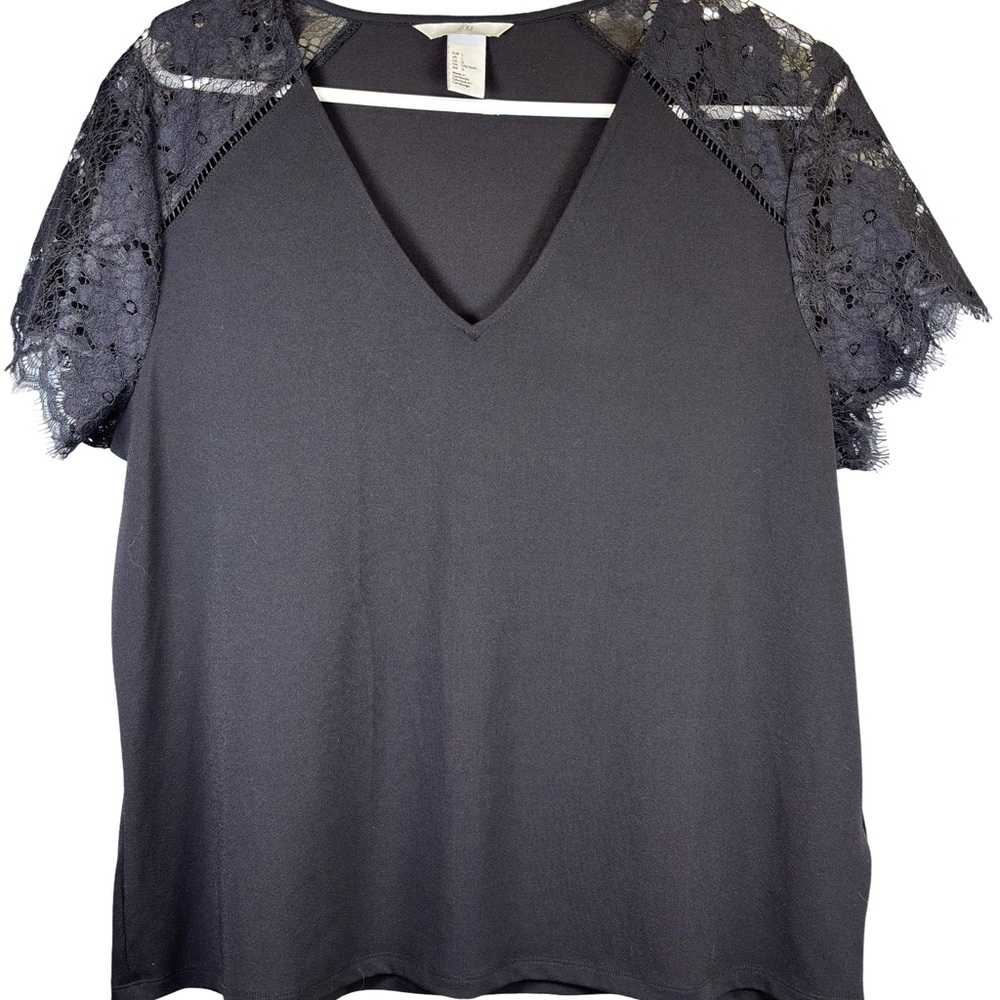 H&M Black Lace Sleeve V-Neck Top Large